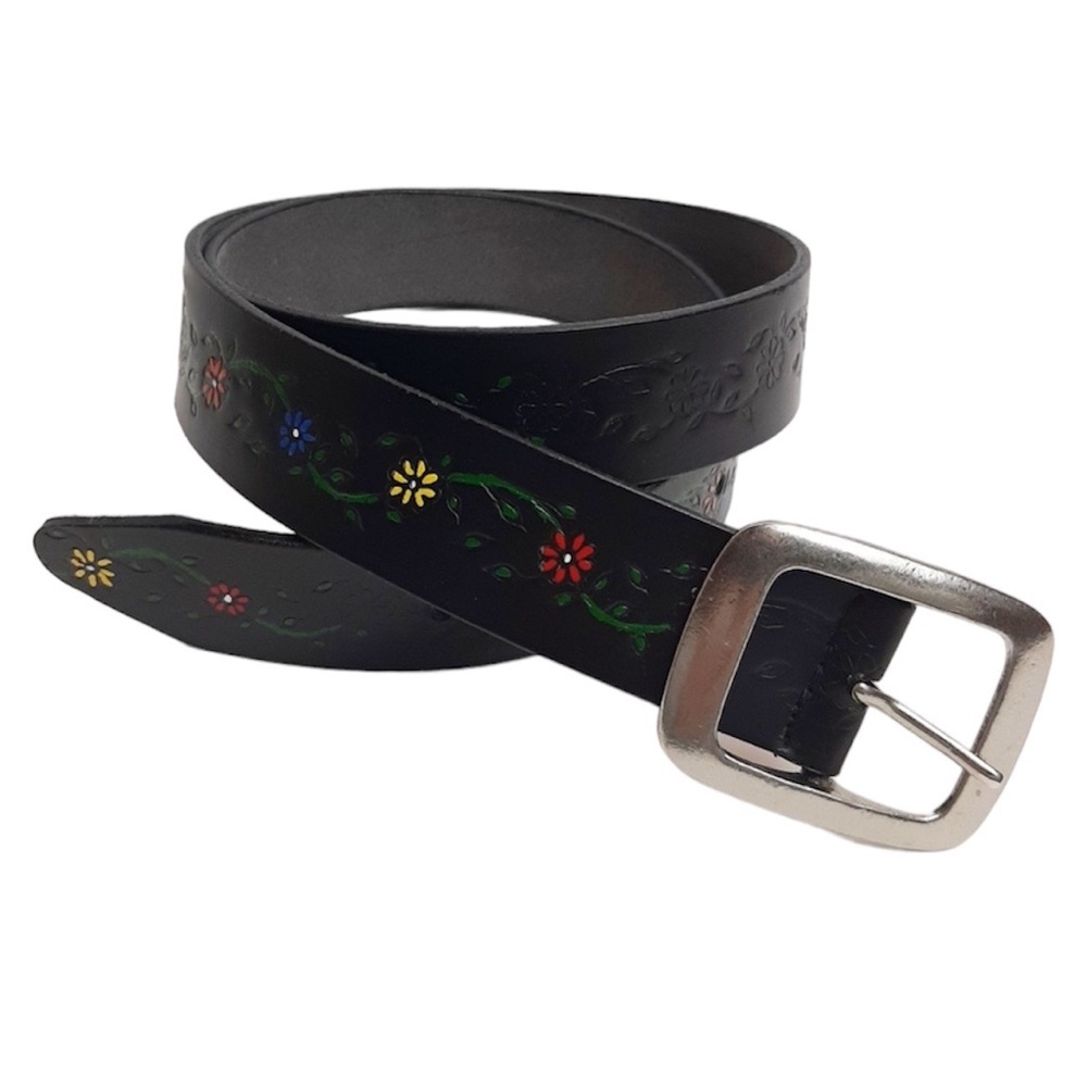 Genuine Leather Belt Tooled Hand Painted Floral Flowers Black